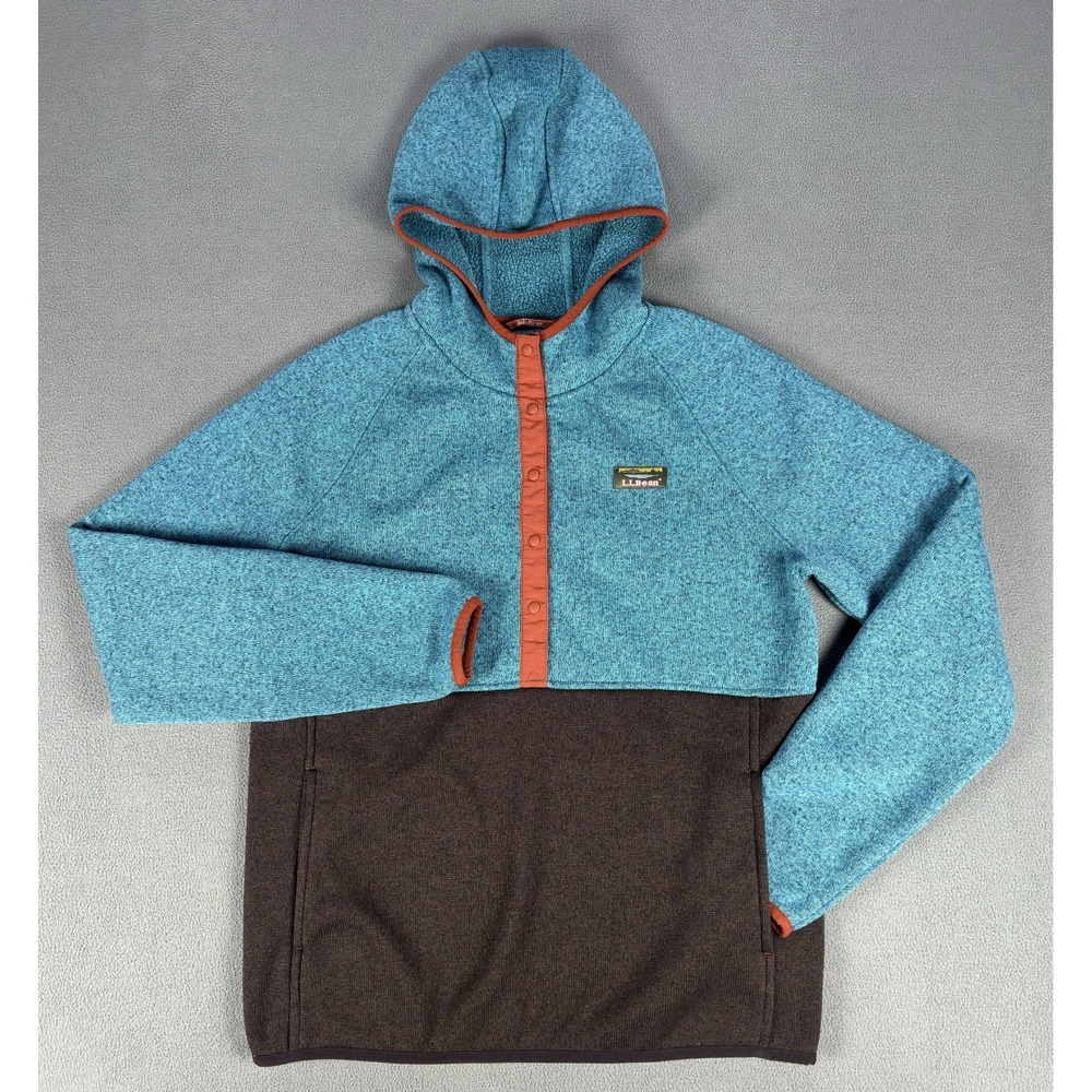 LL Bean Hoodie Sweater Womens Medium Blue Brown Snap Fleece Pullover Hiking